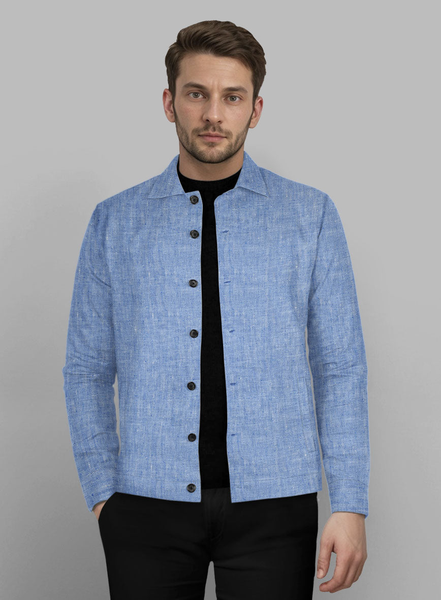 Trucker Italian Nile Blue Linen Shirt - StudioSuits