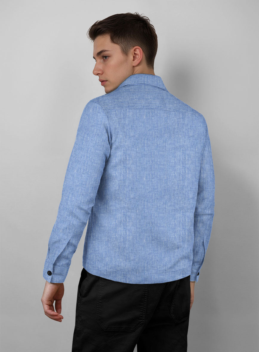 Trucker Italian Nile Blue Linen Shirt - StudioSuits