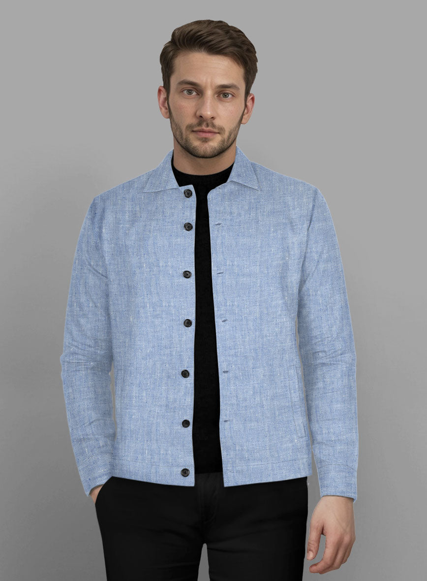 Trucker Italian Sky Blue Linen Shirt - StudioSuits
