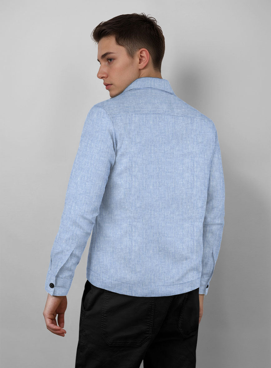 Trucker Italian Sky Blue Linen Shirt - StudioSuits