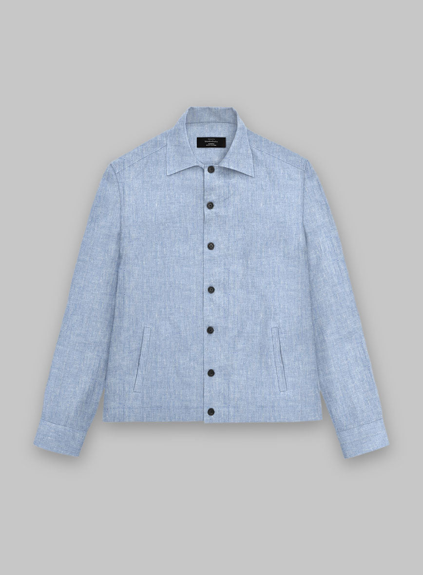 Trucker Italian Sky Blue Linen Shirt - StudioSuits