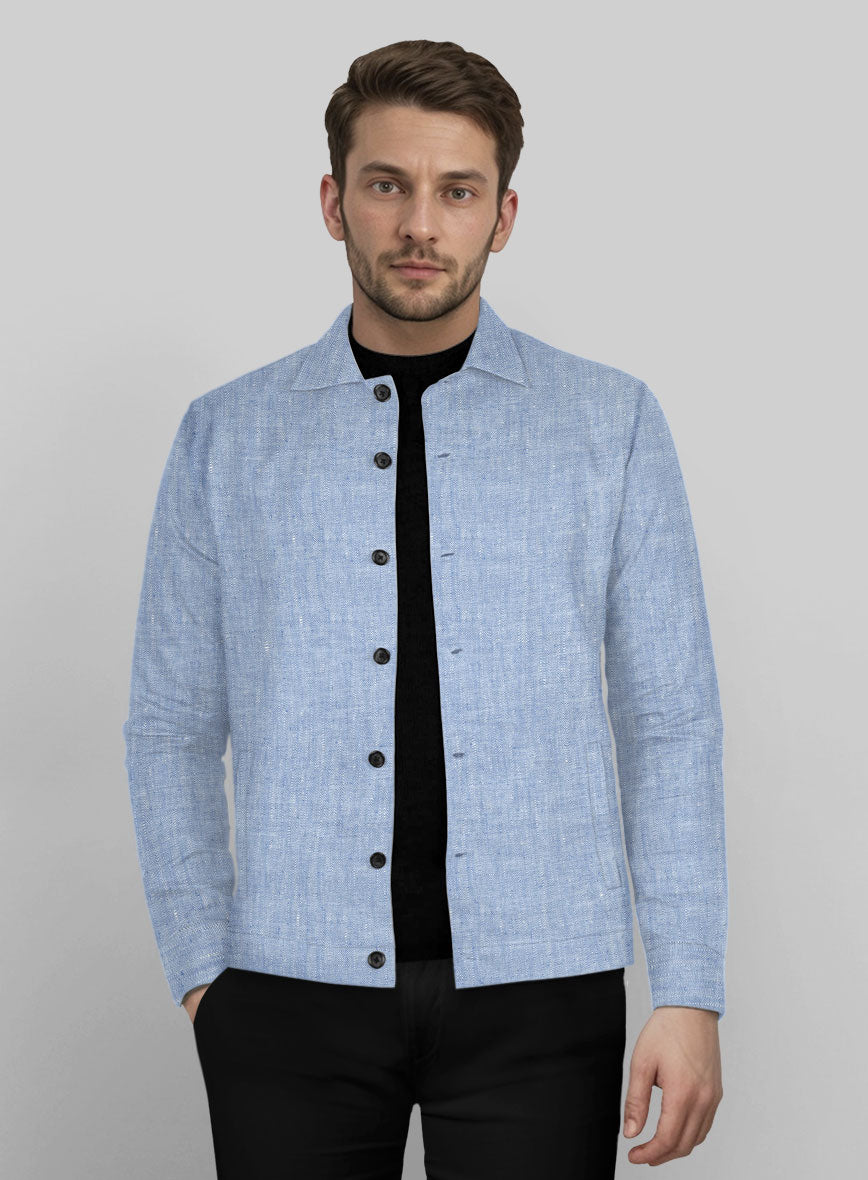 Trucker Italian Sky Blue Linen Shirt - StudioSuits