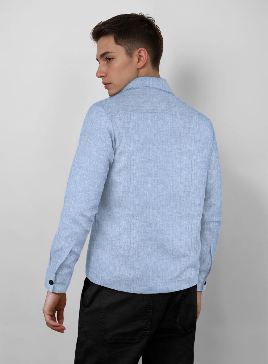 Trucker Italian Sky Blue Linen Shirt - StudioSuits