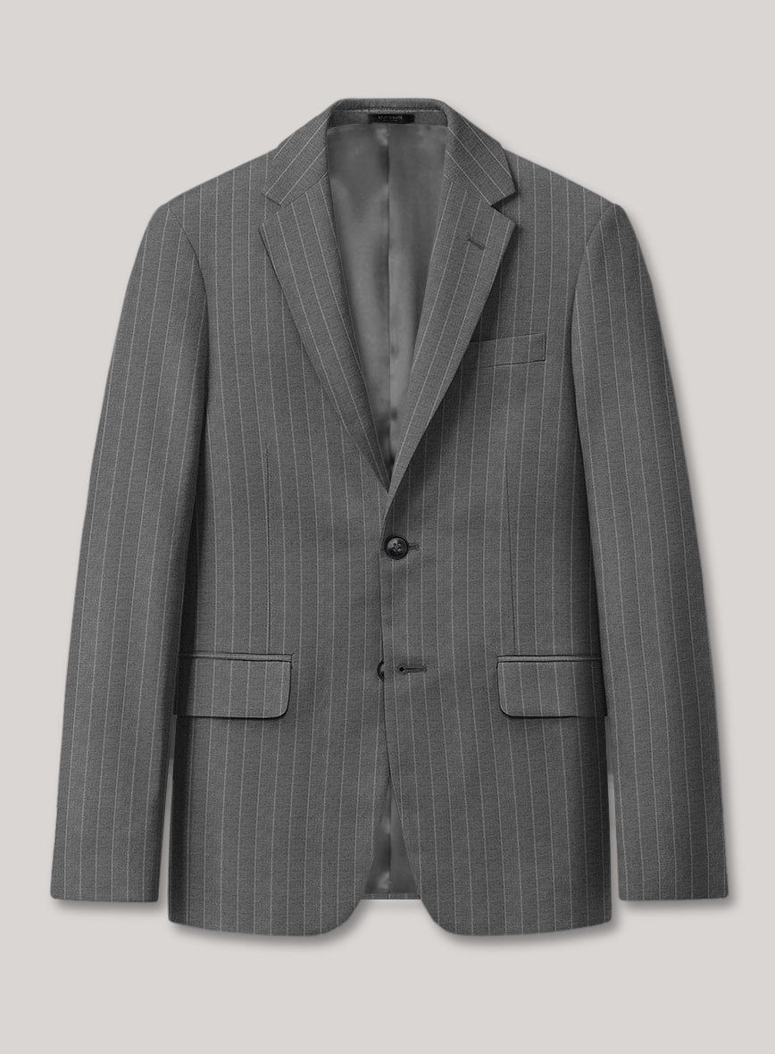 Front view of an ash gray pinstripe wool jacket with two buttons and flap pockets