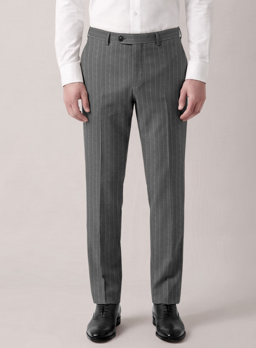 Front view of ash gray pinstripe wool trousers with belt loops and a button tab waistband
