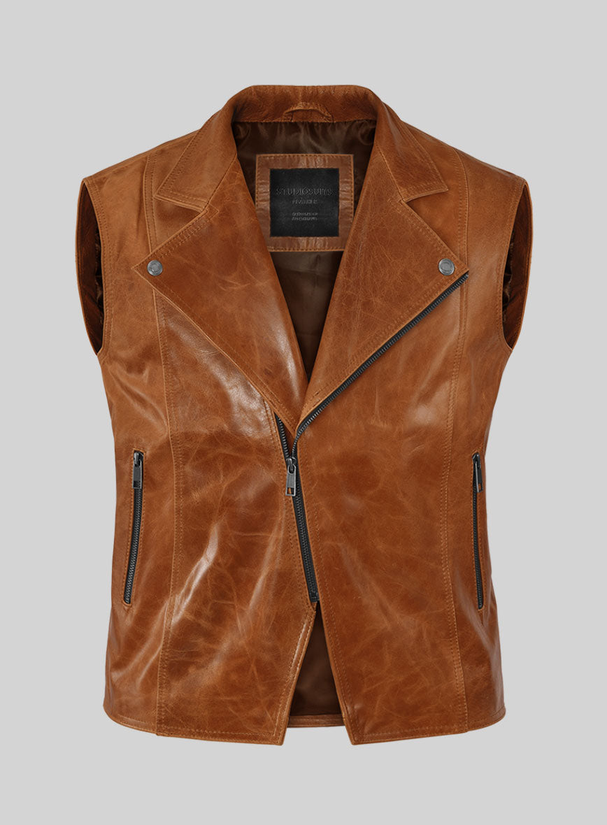 Velvo Cognac Biker Leather Vest - StudioSuits