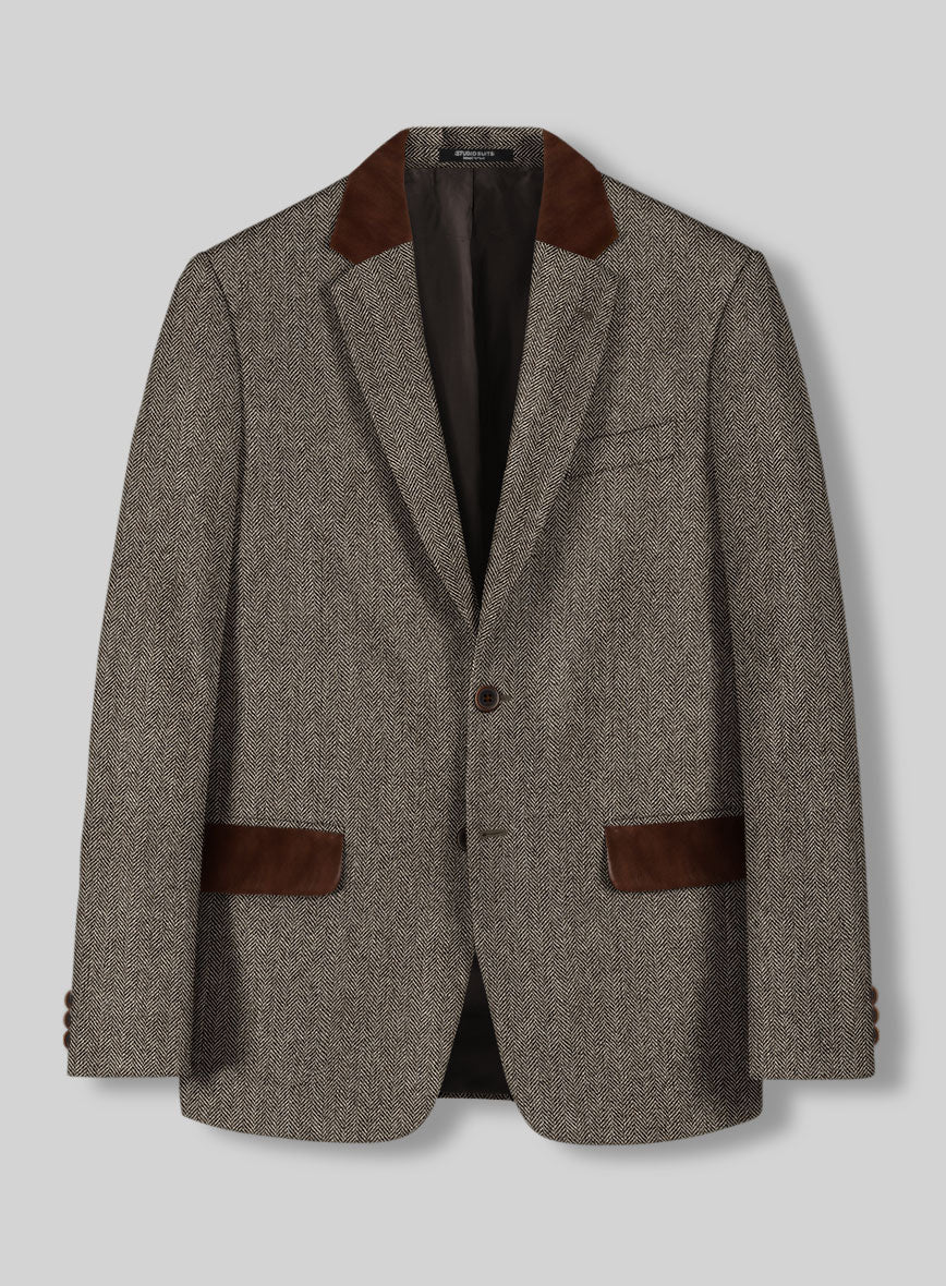 Vintage Dark Brown Herringbone Tweed Jacket - Leather Trims