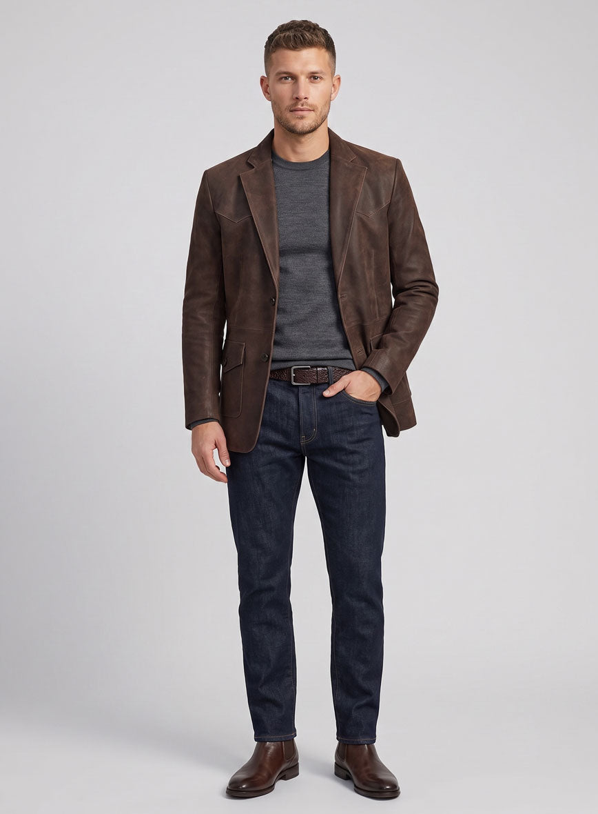 Vintage Brown Grain Western Leather Blazer - StudioSuits