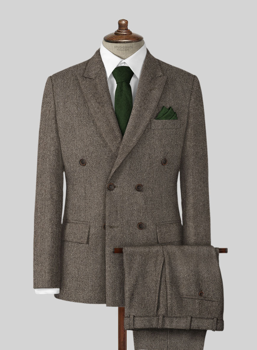 Vintage Dark Brown Herringbone Tweed Double Breasted Suit - StudioSuits