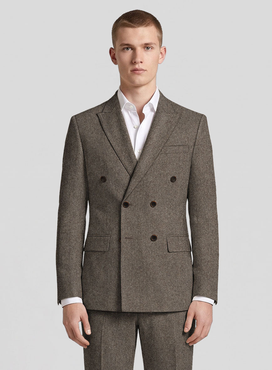 Vintage Dark Brown Herringbone Tweed Double Breasted Jacket - StudioSuits