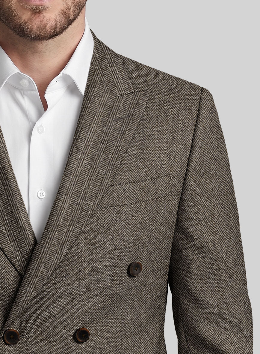 Vintage Dark Brown Herringbone Tweed Double Breasted Jacket - StudioSuits