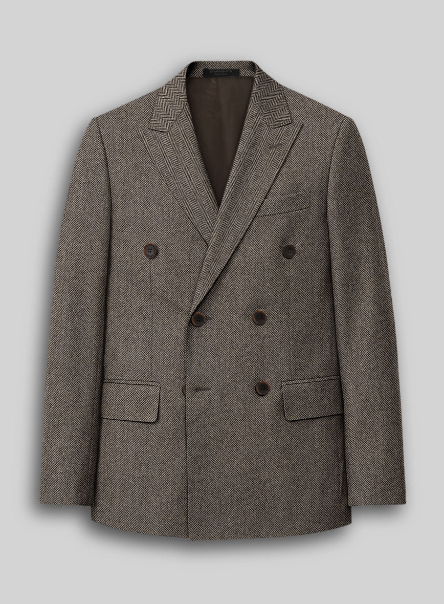Vintage Dark Brown Herringbone Tweed Double Breasted Jacket - StudioSuits
