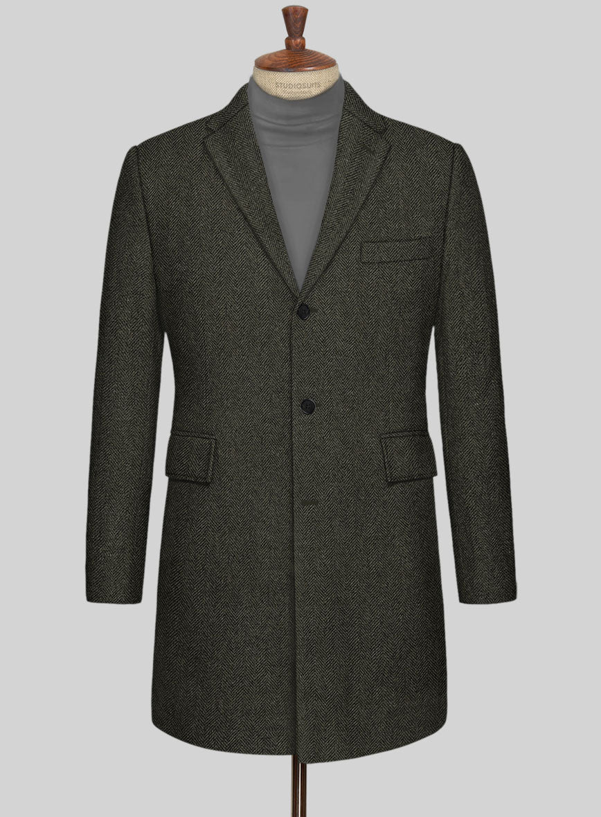Vintage Flat Green Herringbone Tweed Overcoat - StudioSuits