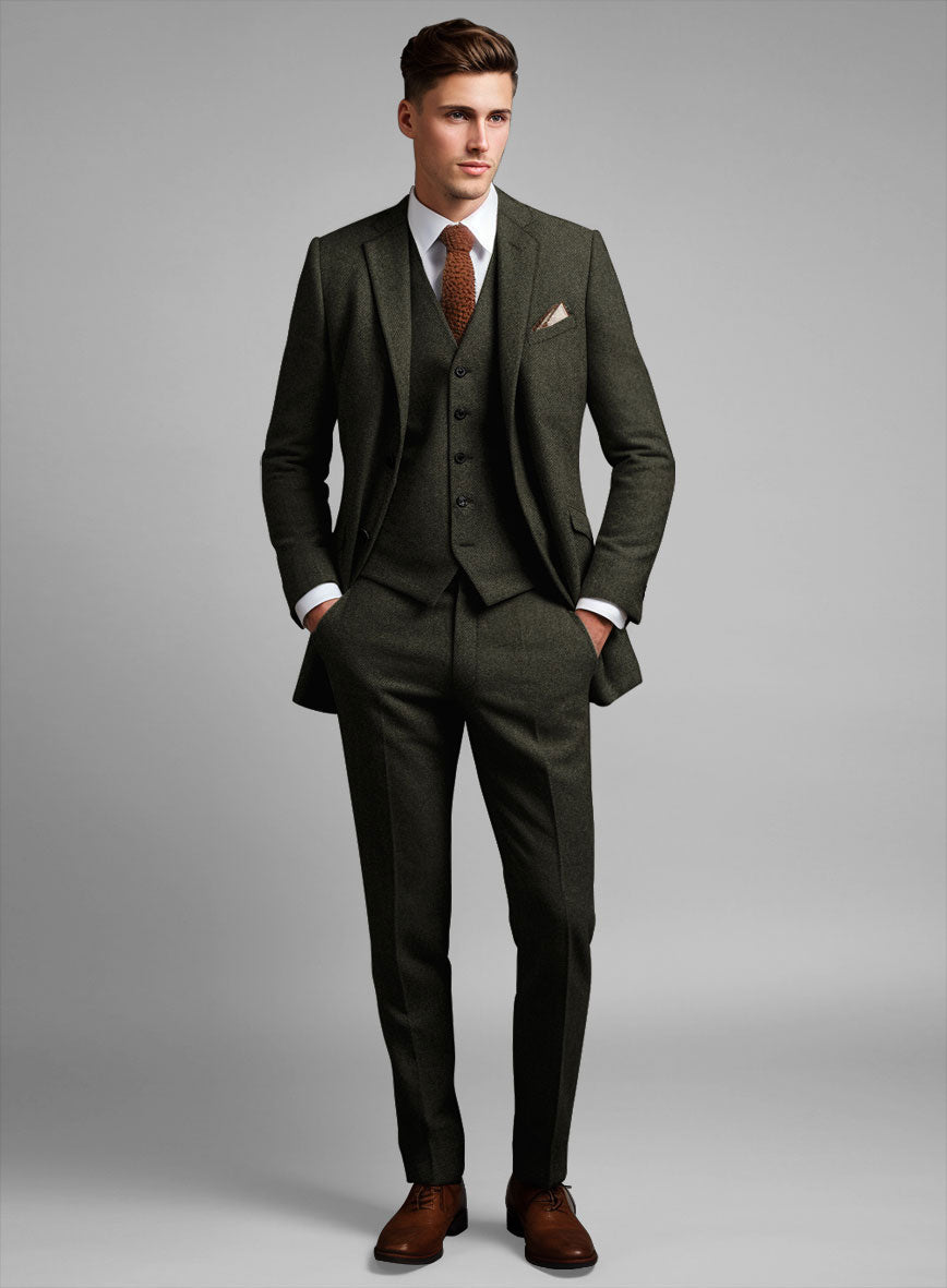 Vintage Flat Green Herringbone Tweed Suit - StudioSuits