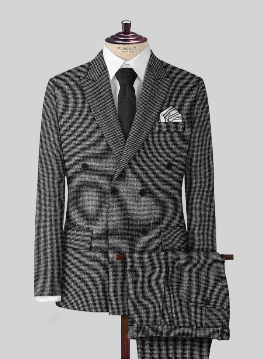 Vintage Gray Macro Weave Tweed Double Breasted Suit - StudioSuits