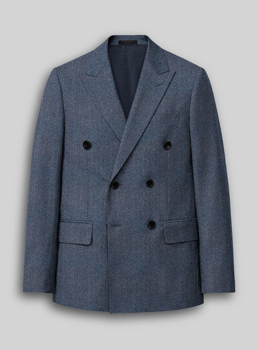 Vintage Herringbone Blue Tweed Double Breasted Jacket - StudioSuits