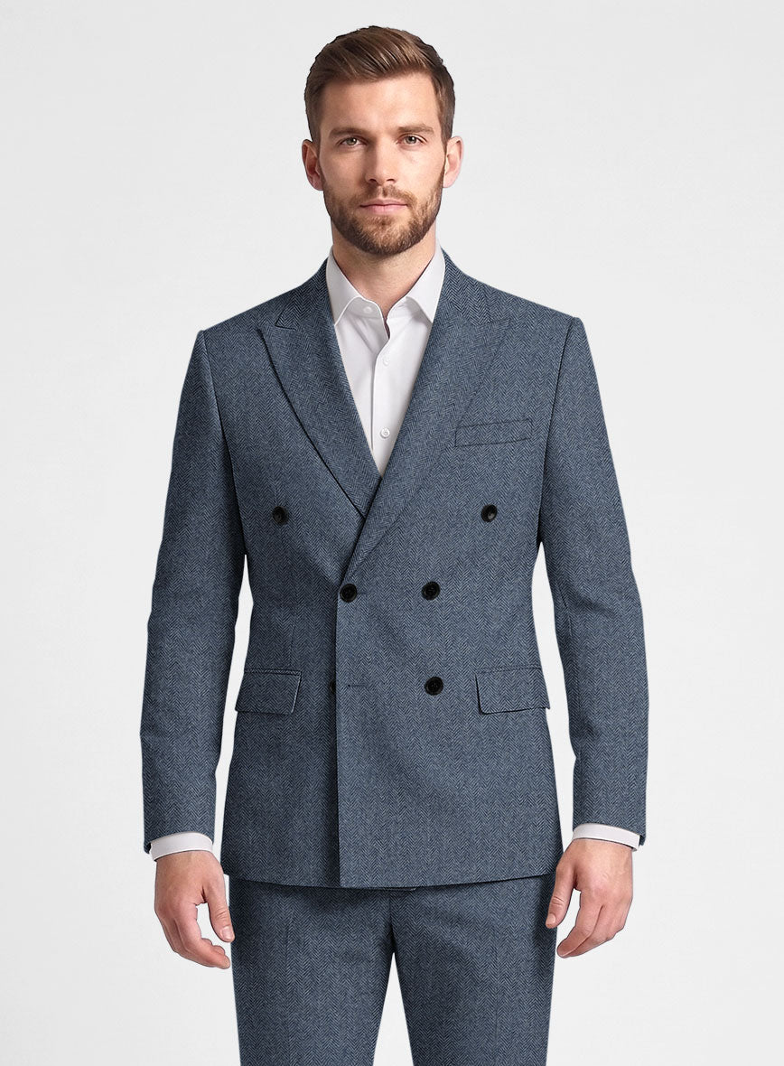Vintage Herringbone Blue Tweed Double Breasted Jacket - StudioSuits