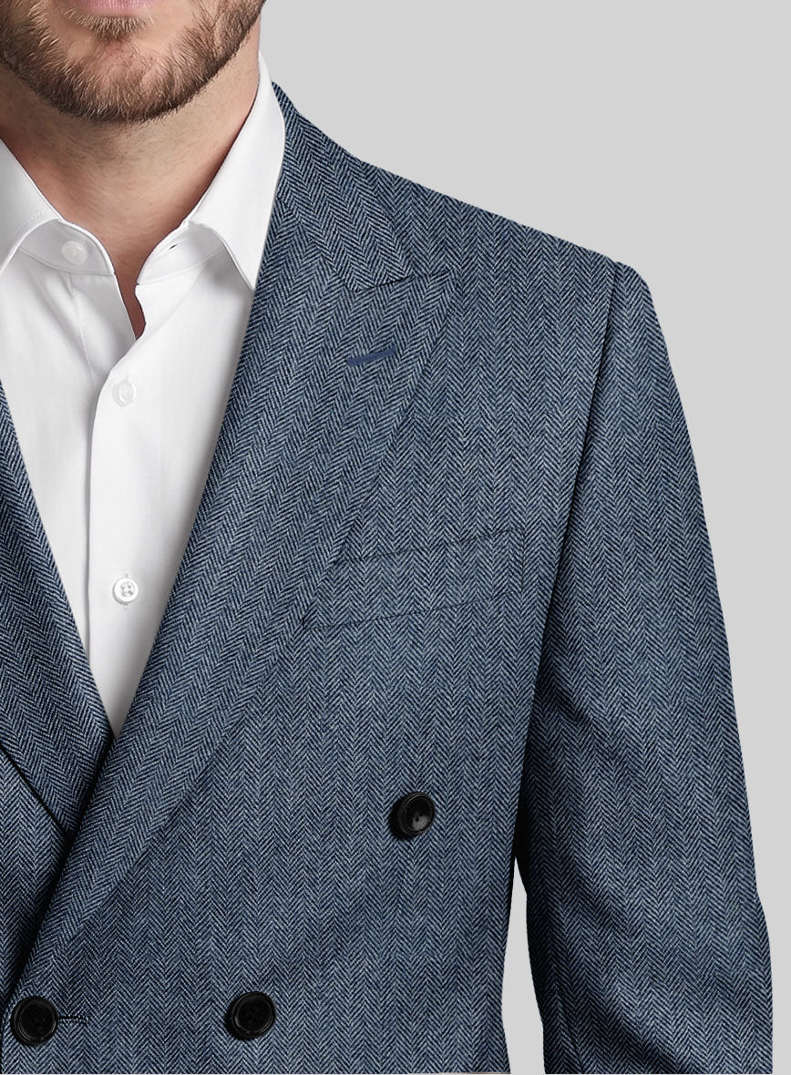 Vintage Herringbone Blue Tweed Double Breasted Jacket - StudioSuits
