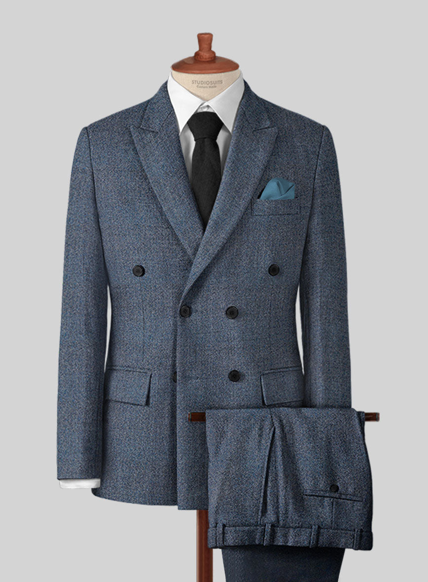 Vintage Herringbone Blue Tweed Double Breasted Suit - StudioSuits