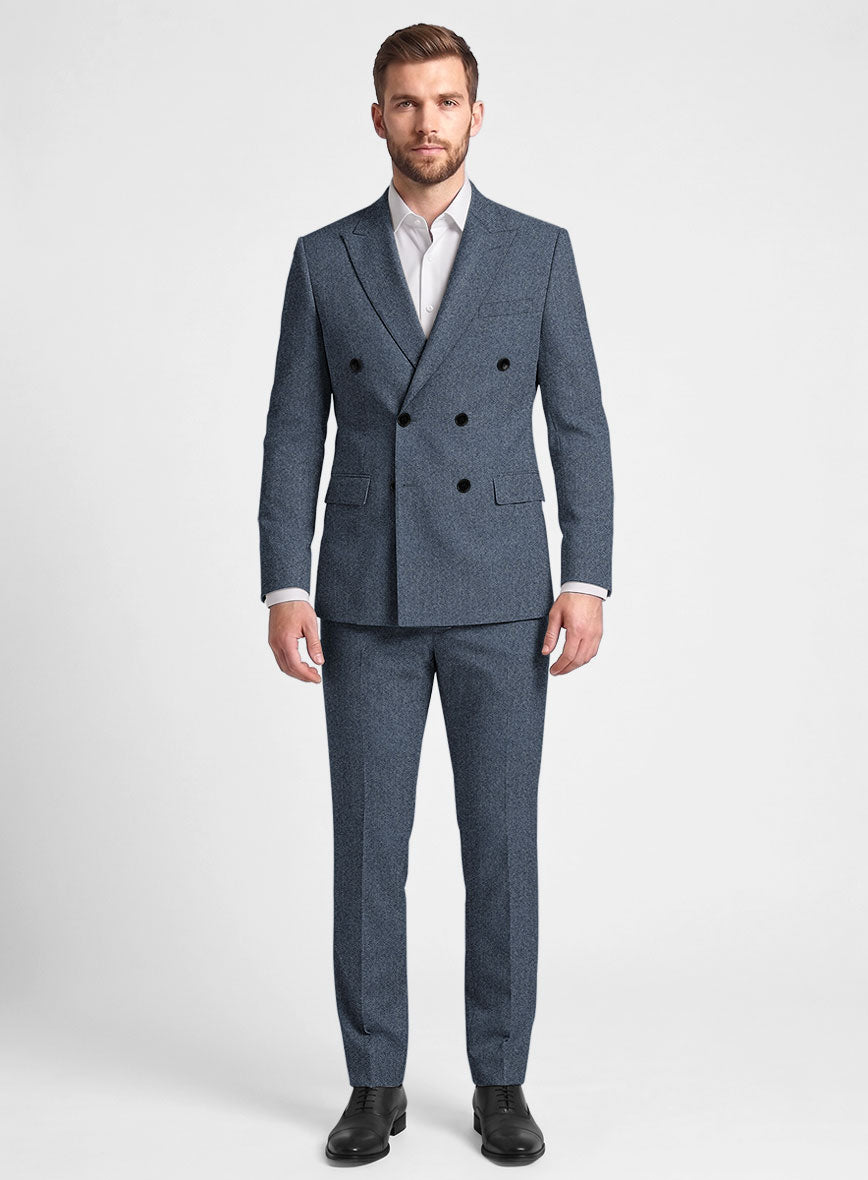 Vintage Herringbone Blue Tweed Double Breasted Suit - StudioSuits