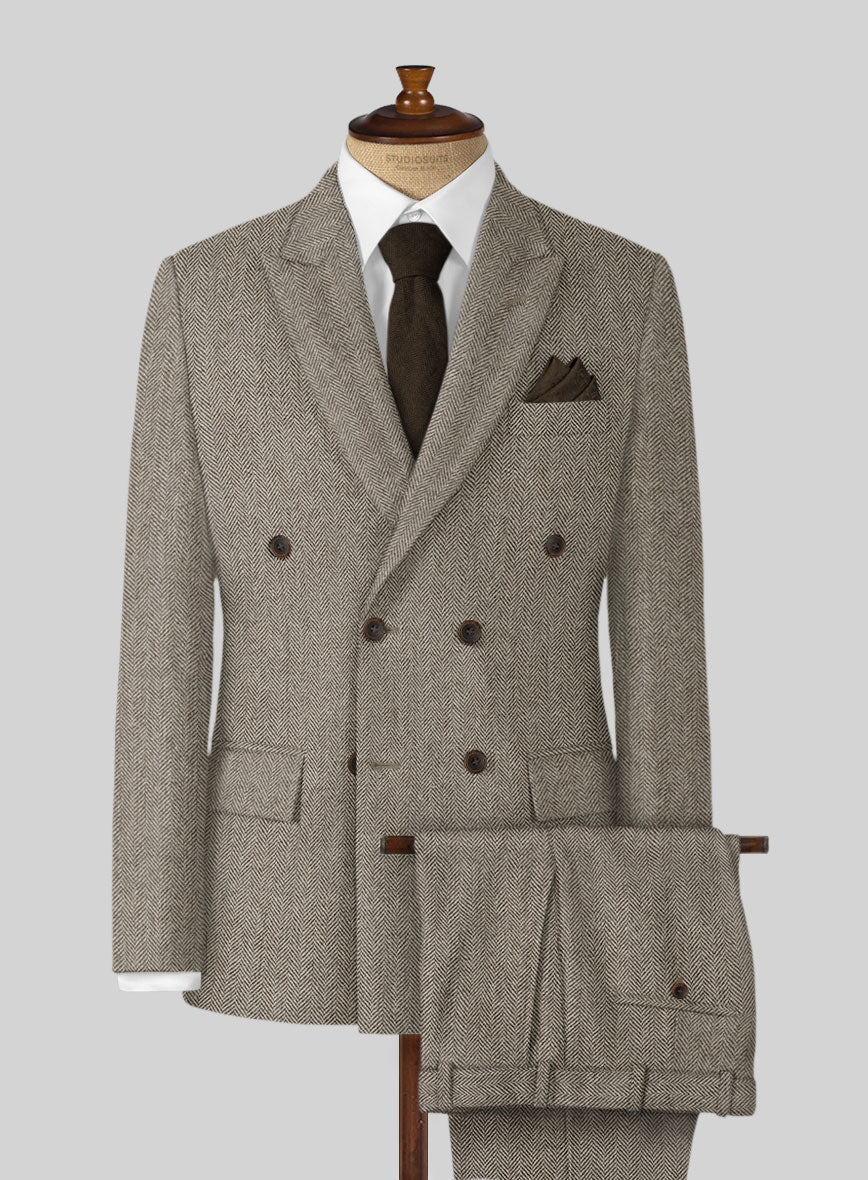 Vintage Herringbone Brown Tweed Double Breasted Suit - StudioSuits