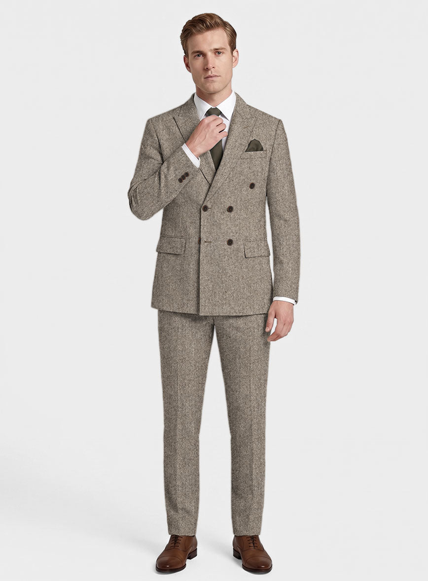 Vintage Herringbone Brown Tweed Double Breasted Suit - StudioSuits