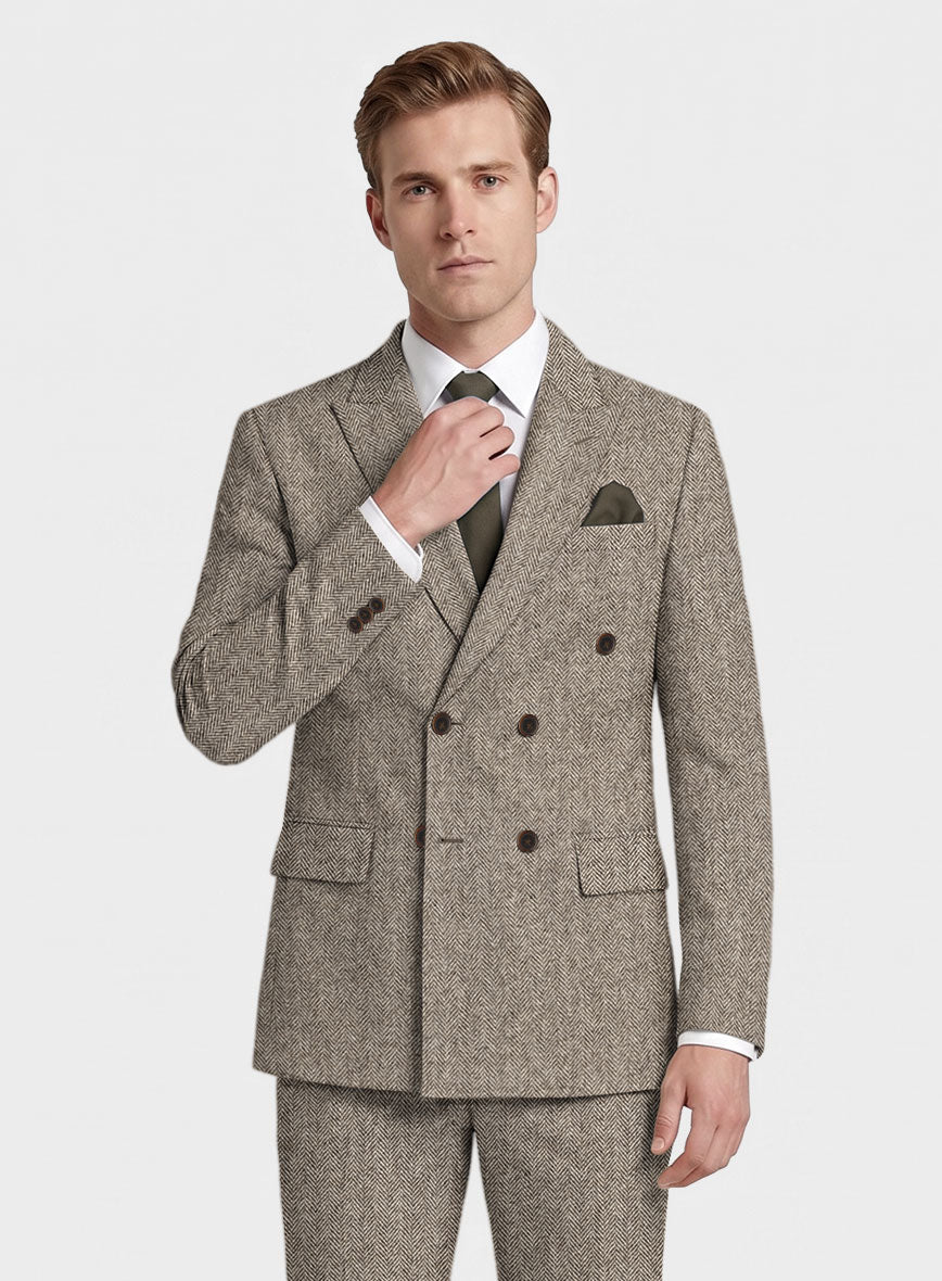 Vintage Herringbone Brown Tweed Double Breasted Suit - StudioSuits