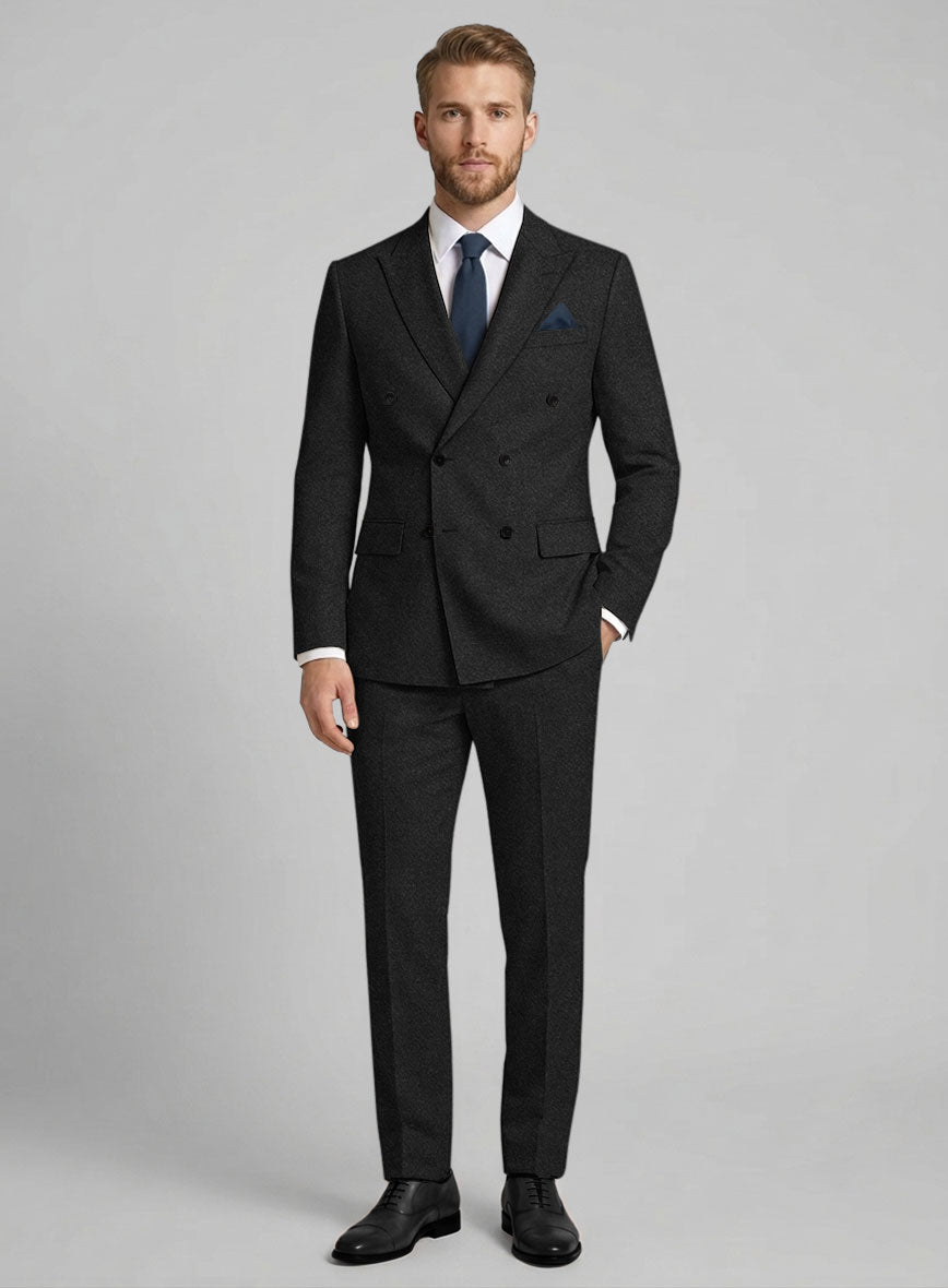 Vintage Plain Black Tweed Double Breasted Suit - StudioSuits