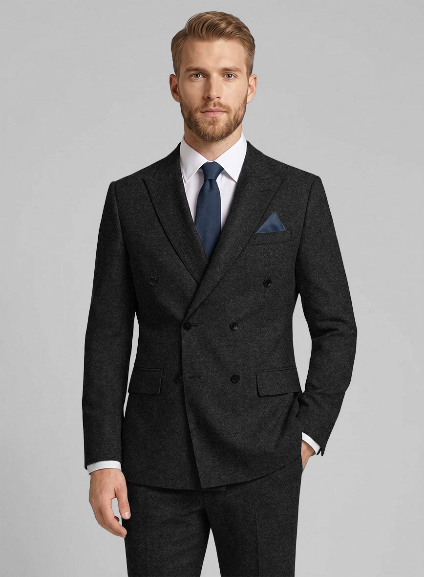 Vintage Plain Black Tweed Double Breasted Suit - StudioSuits
