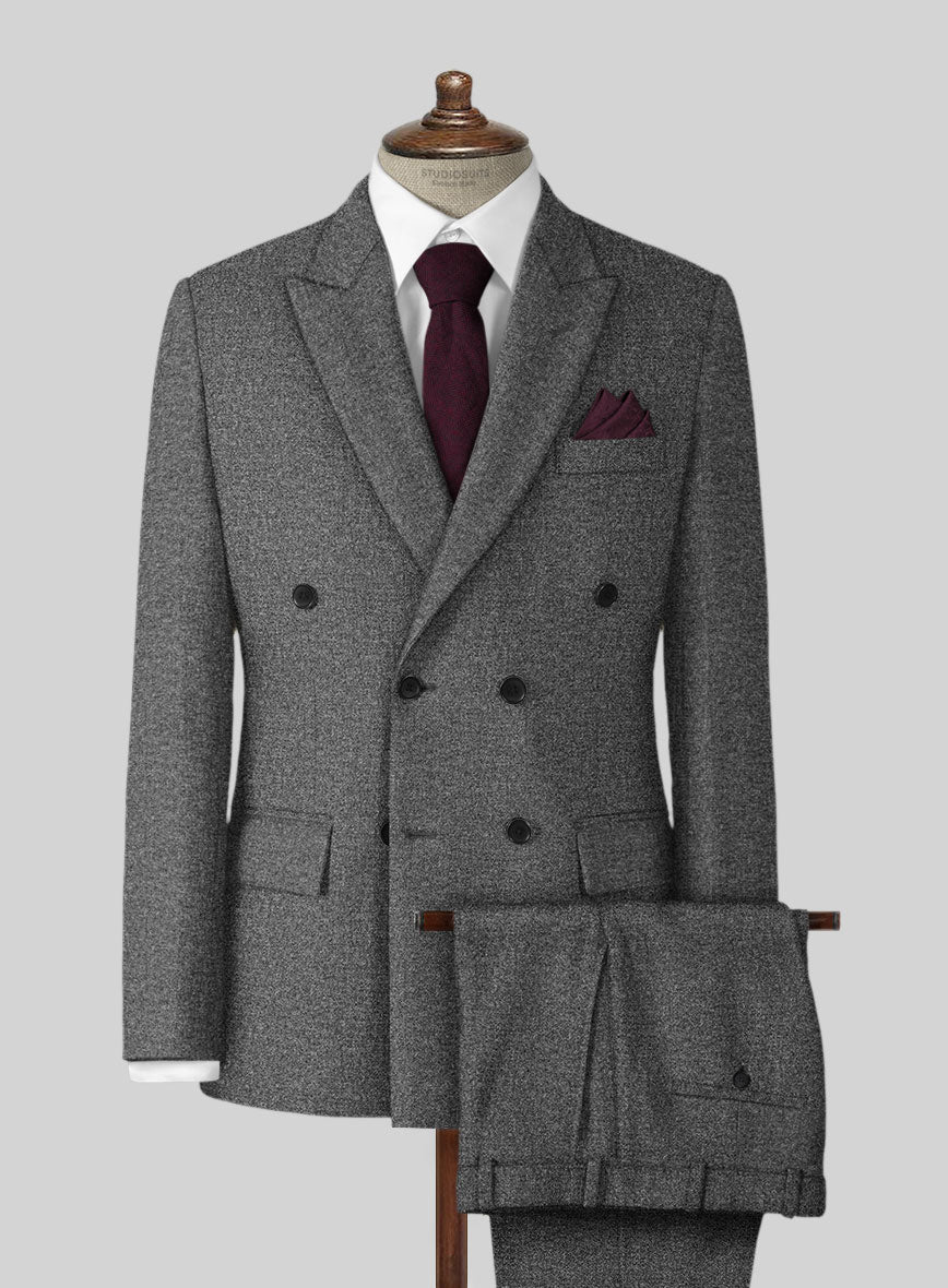 Vintage Plain Dark Gray Tweed Double Breasted Suit - StudioSuits