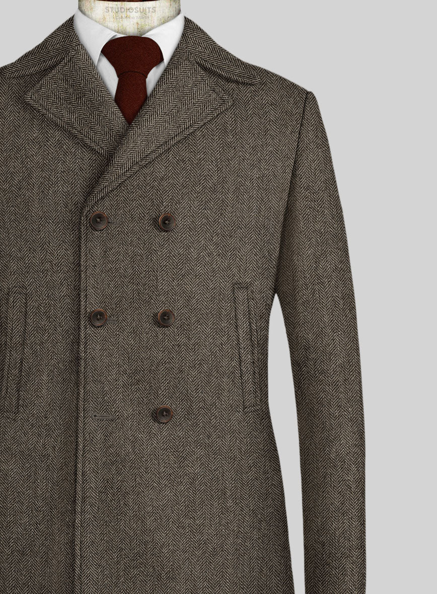 Vintage Dark Brown Herringbone Tweed Pea Coat - StudioSuits