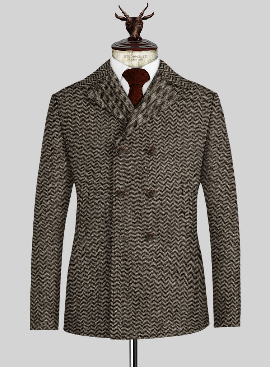Vintage Dark Brown Herringbone Tweed Pea Coat - StudioSuits