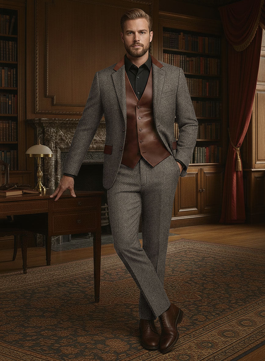 Vintage Dark Brown Herringbone Tweed Suit - Leather Trims - StudioSuits