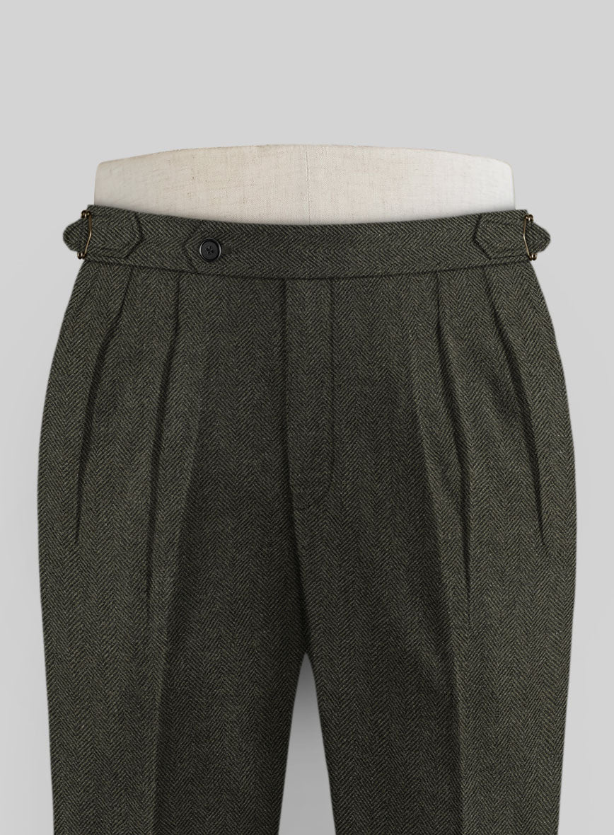 Vintage Flat Green Herringbone Tweed Highland Trousers - StudioSuits