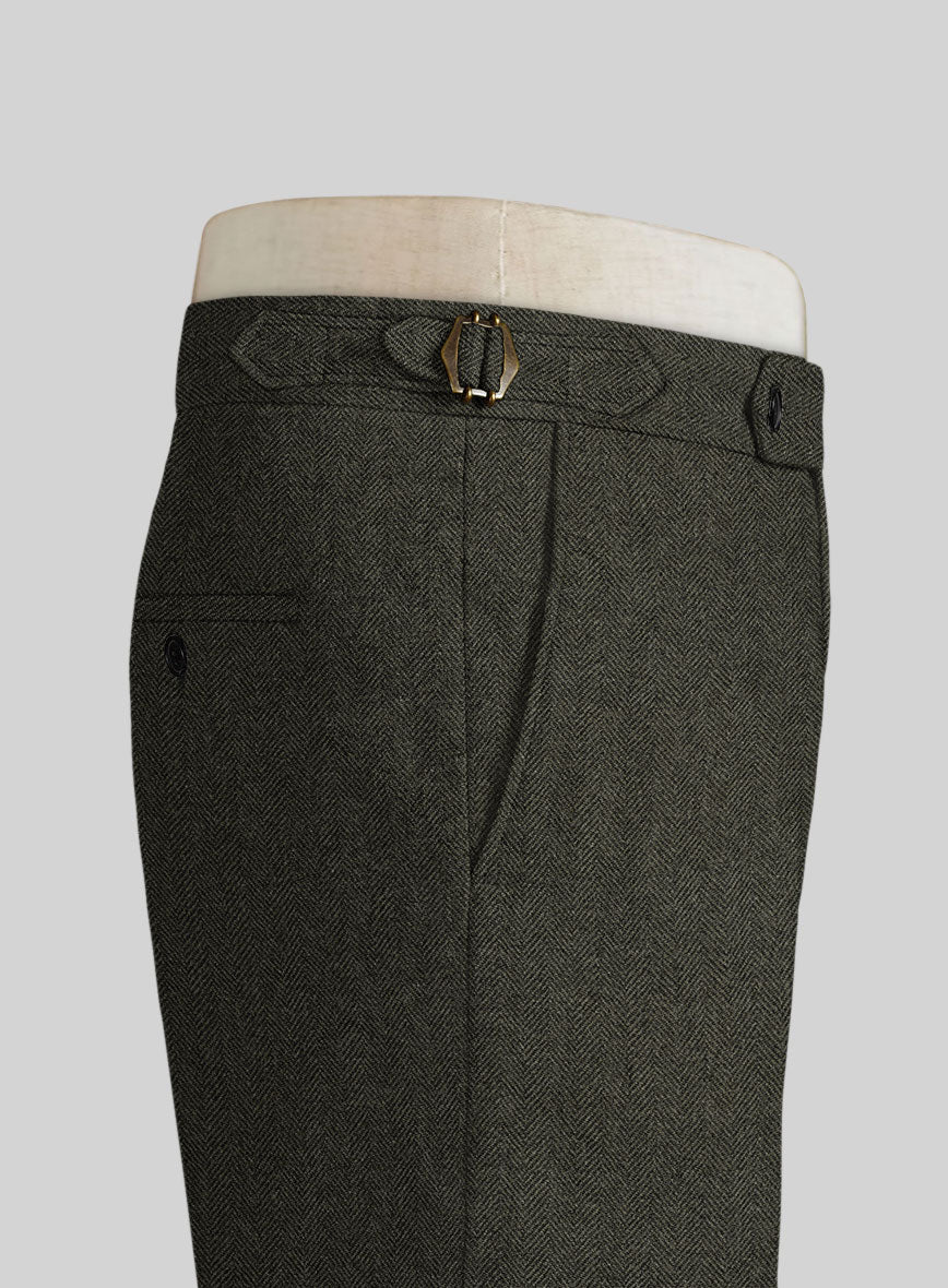 Vintage Flat Green Herringbone Tweed Highland Trousers - StudioSuits