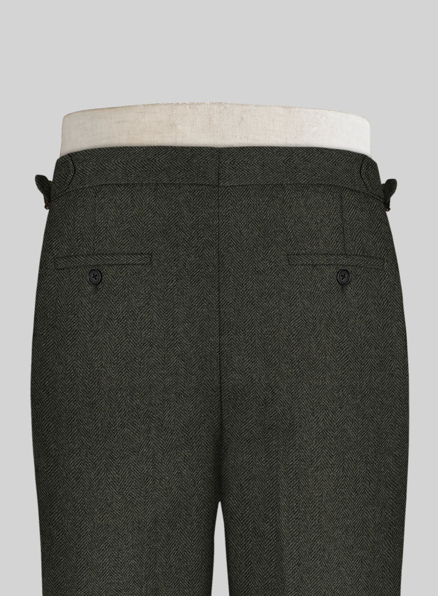 Vintage Flat Green Herringbone Tweed Highland Trousers - StudioSuits