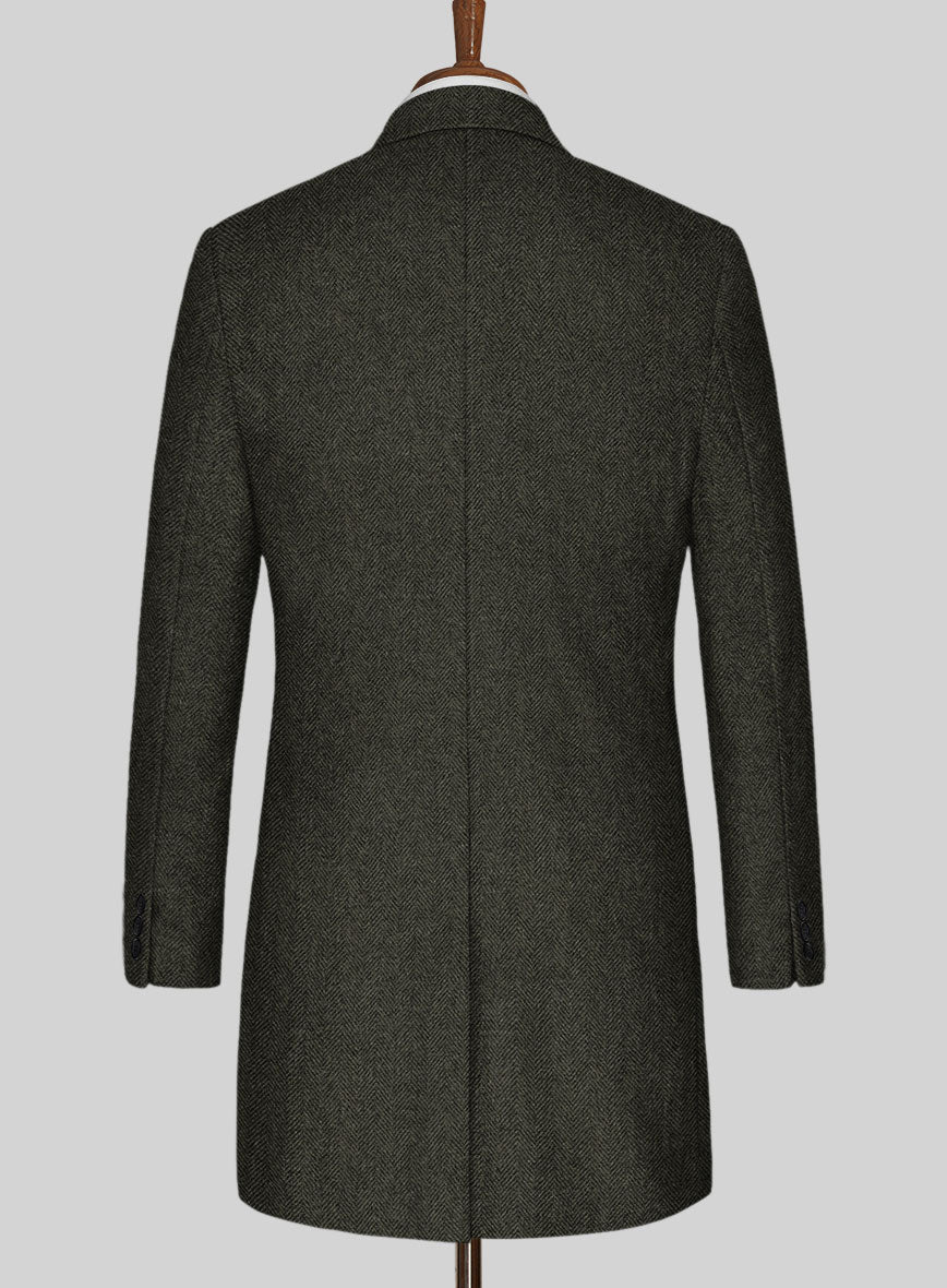 Vintage Flat Green Herringbone Tweed Overcoat - StudioSuits