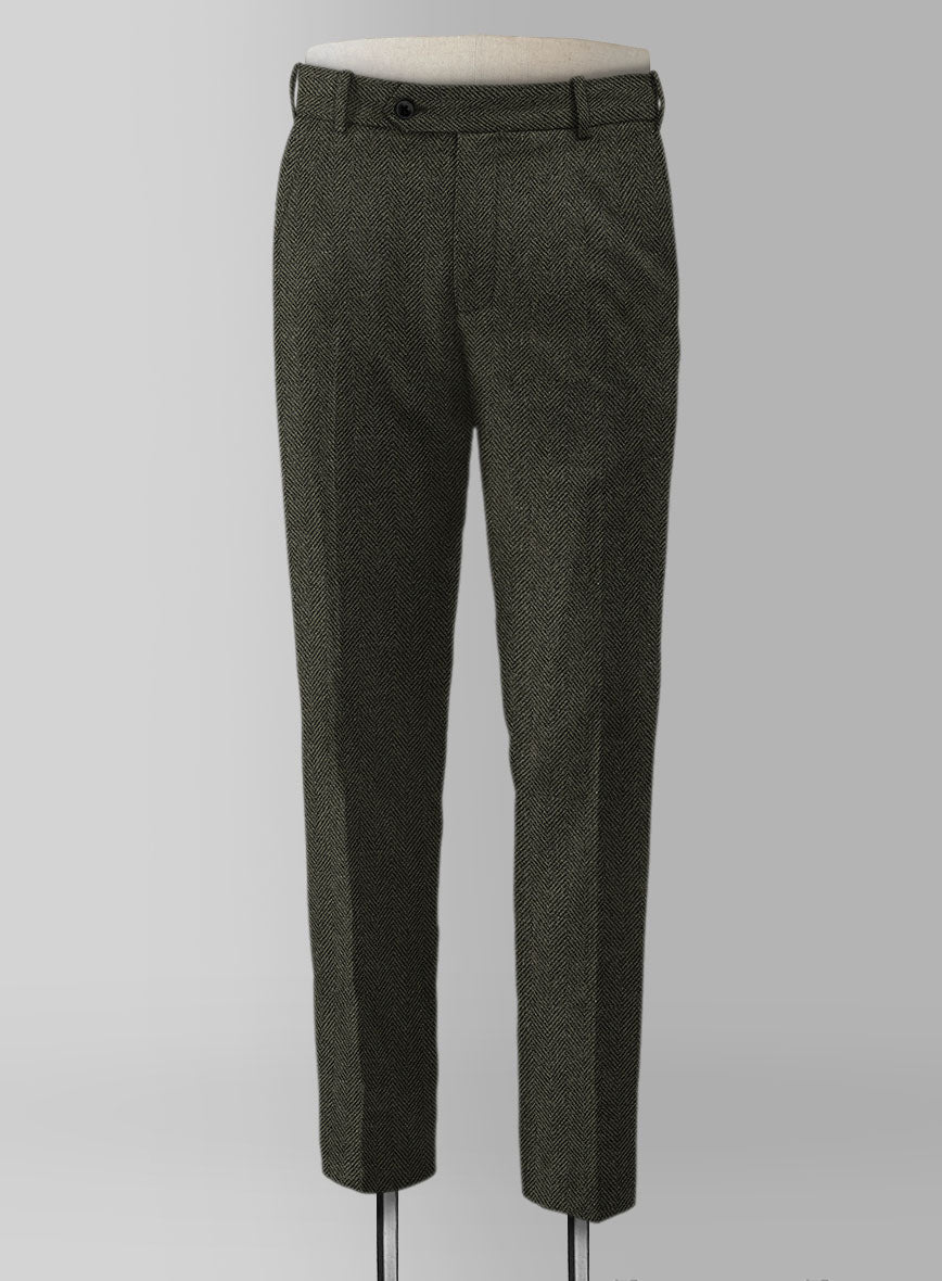 Vintage Flat Green Herringbone Tweed Pants - StudioSuits