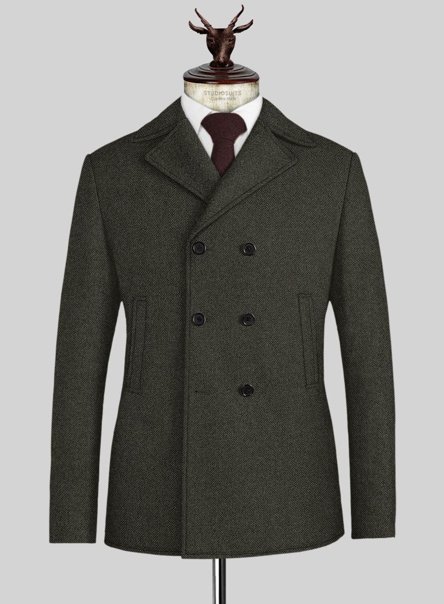 Vintage Flat Green Herringbone Tweed Pea Coat - StudioSuits