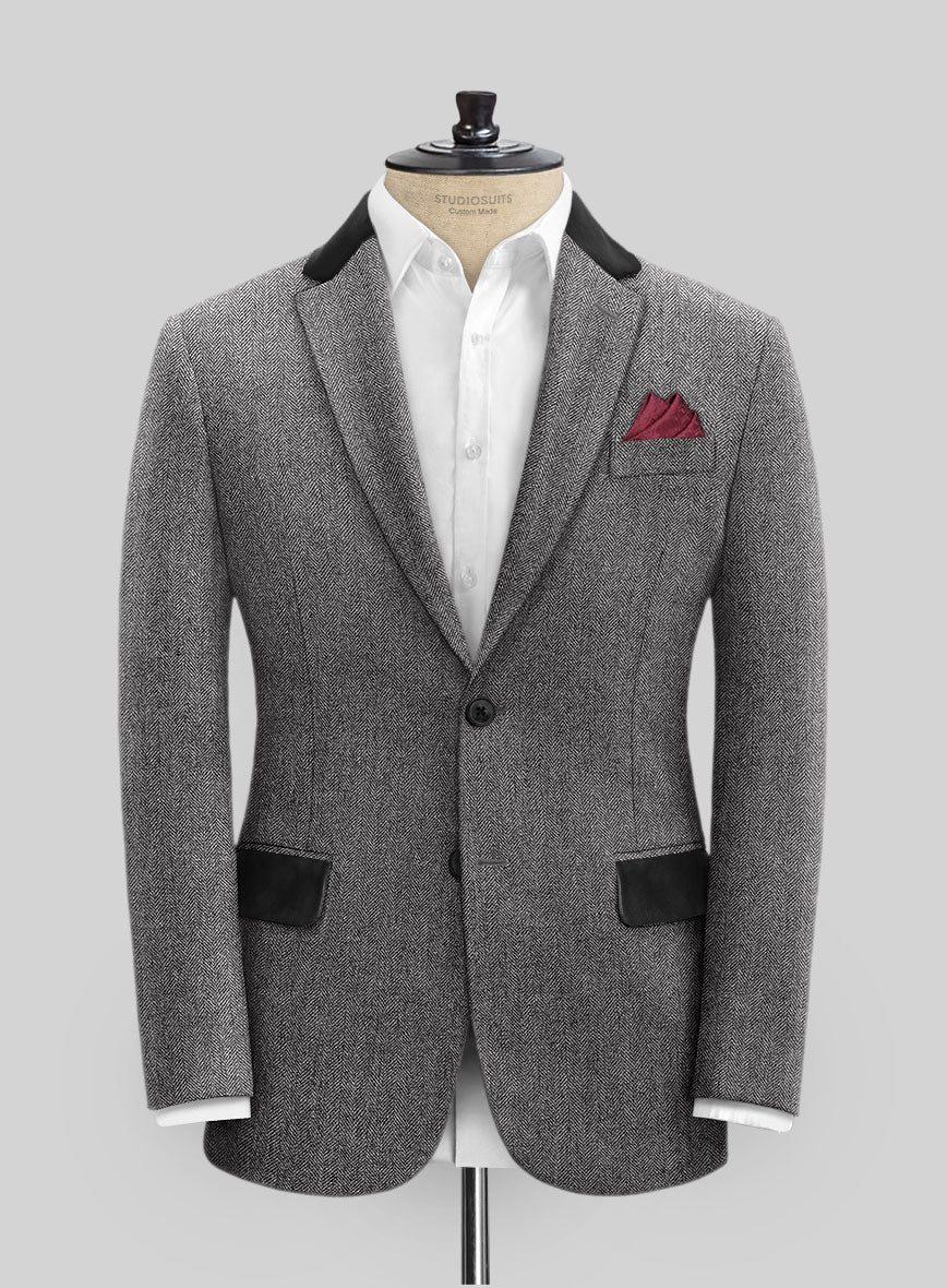 Vintage Herringbone Gray Tweed Jacket - Leather Trims - StudioSuits