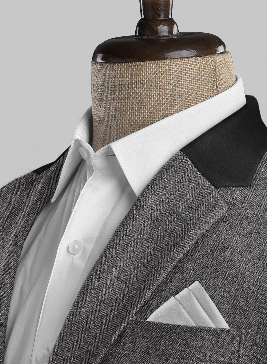 Vintage Herringbone Gray Tweed Jacket - Leather Trims - StudioSuits