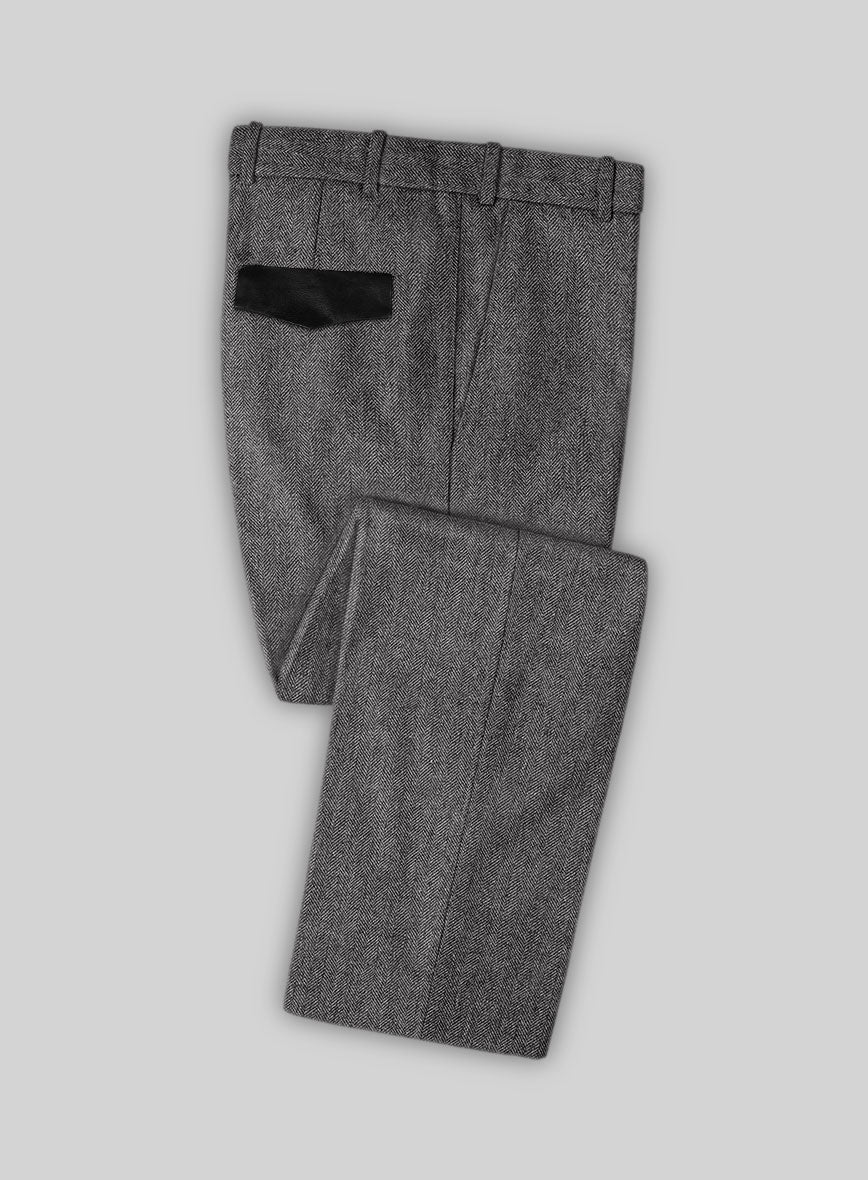 Vintage Herringbone Gray Tweed Pants - Leather Trims