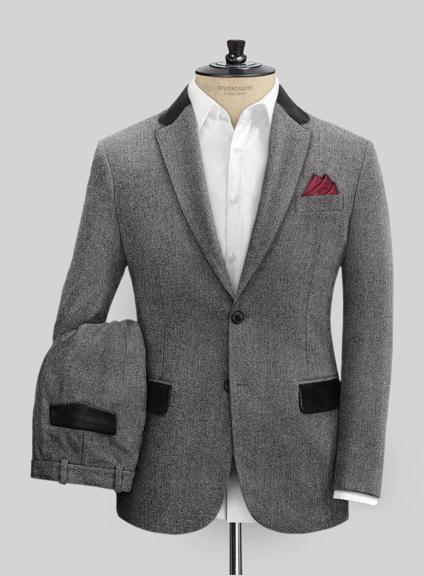 Vintage Herringbone Gray Tweed Suit - Leather Trims - StudioSuits