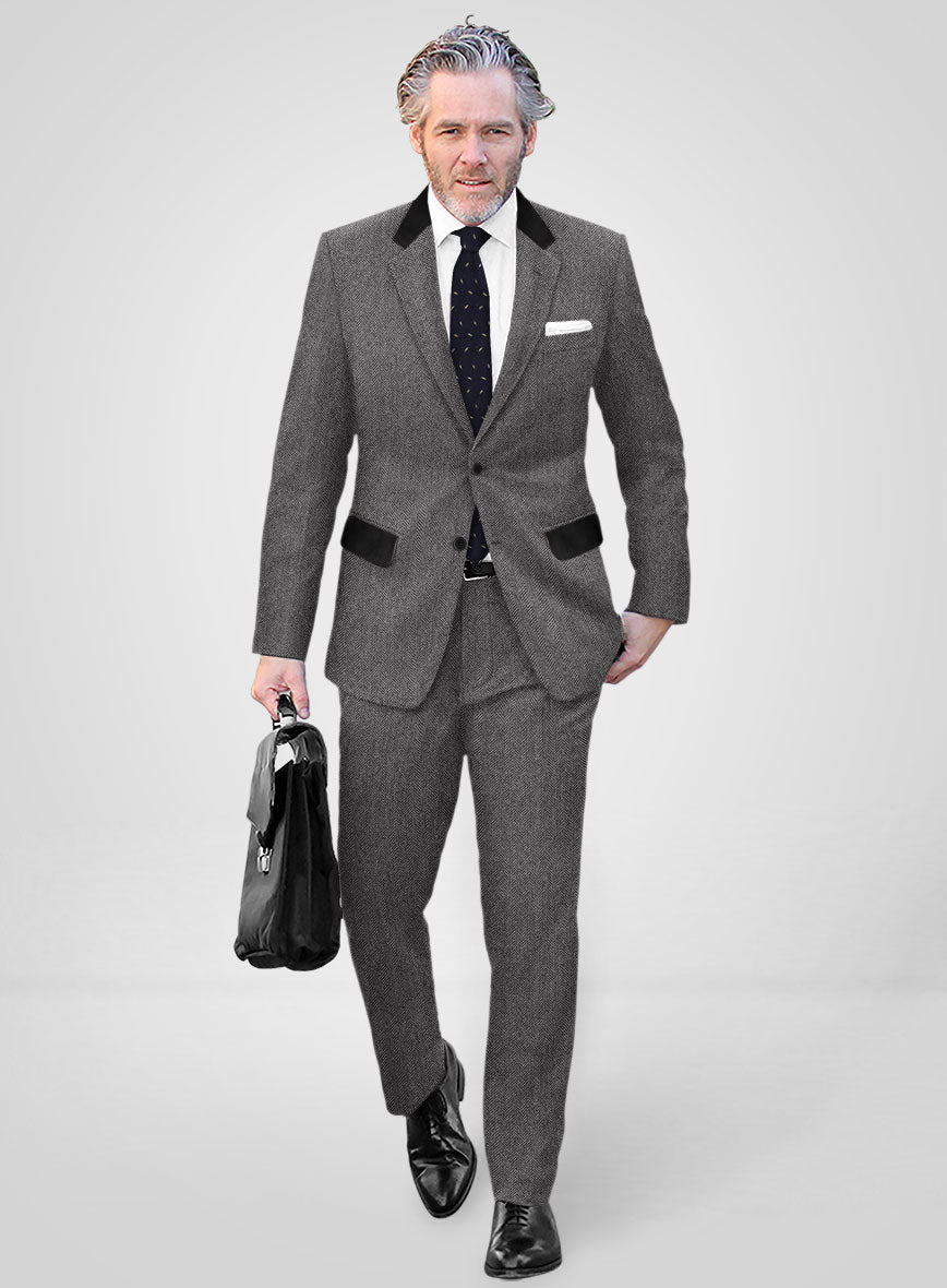 Vintage Herringbone Gray Tweed Suit - Leather Trims - StudioSuits