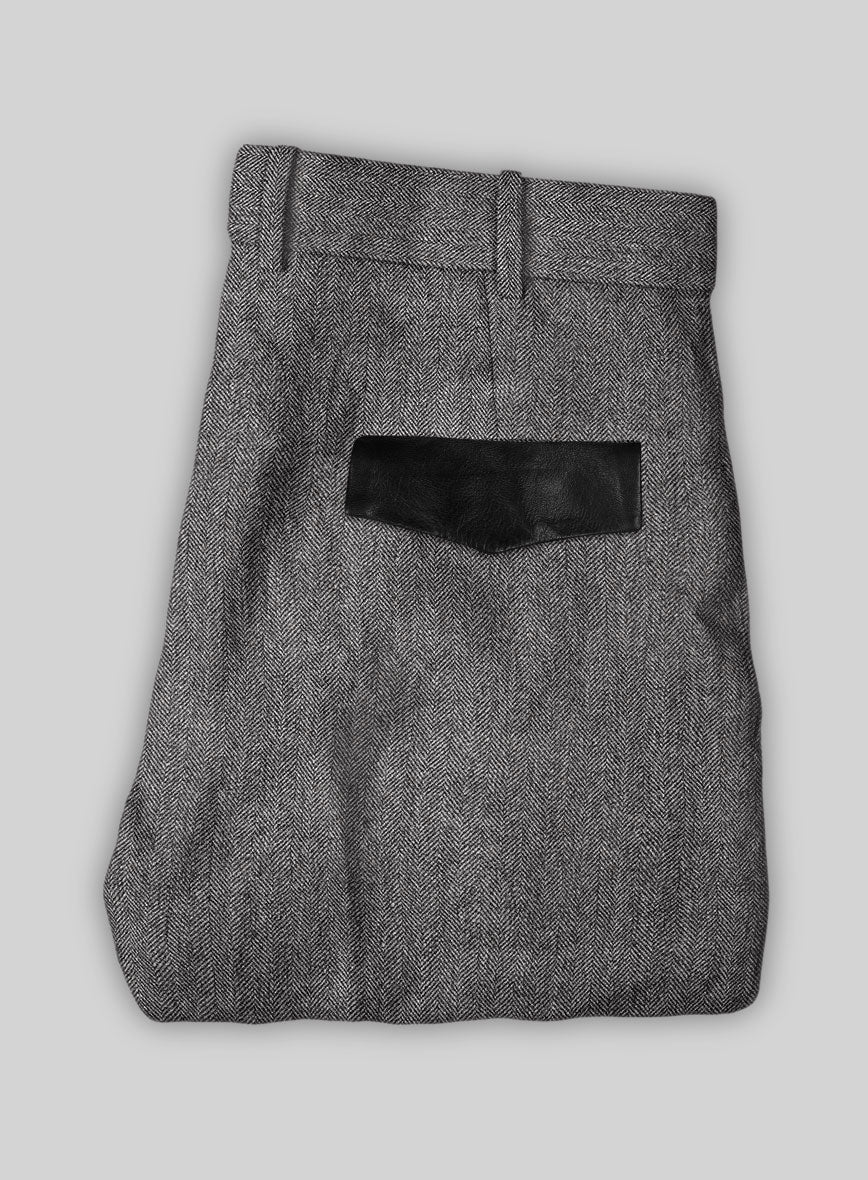 Vintage Herringbone Gray Tweed Suit - Leather Trims - StudioSuits