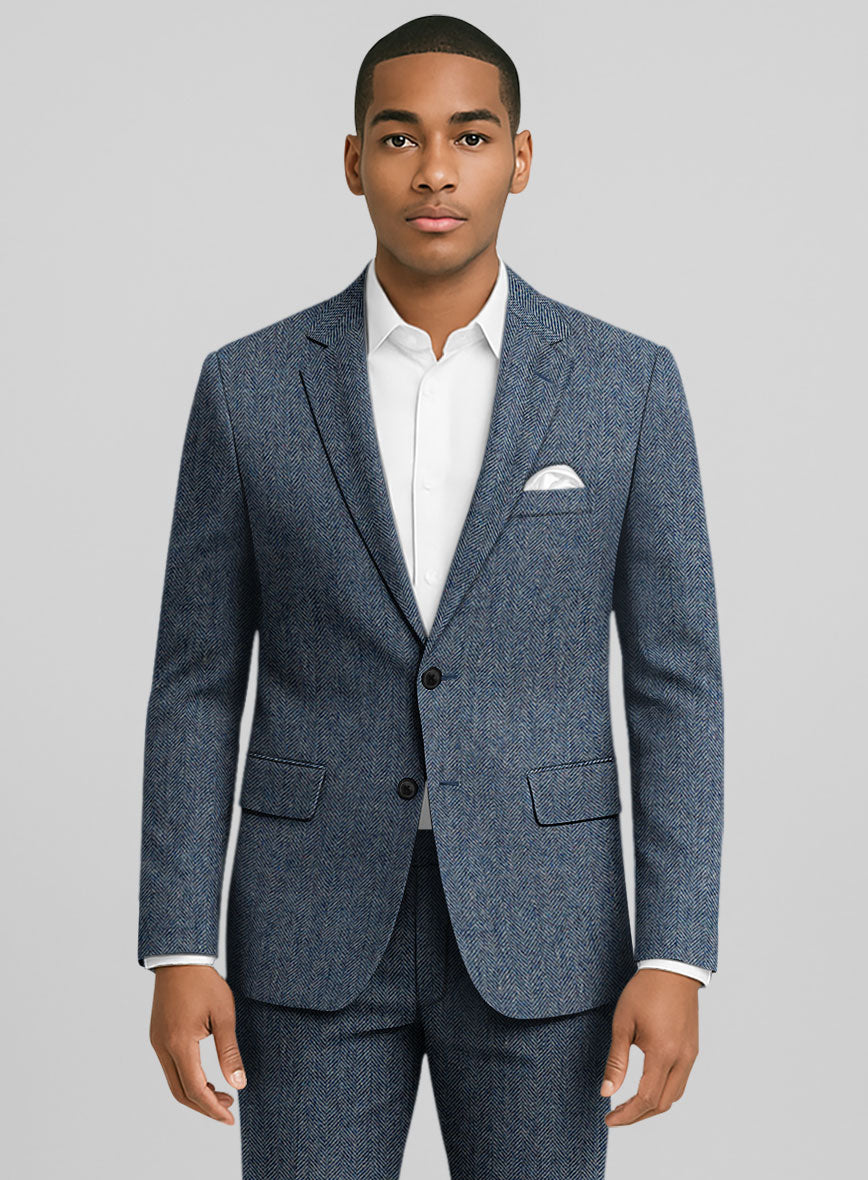 Vintage Herringbone Blue Tweed Jacket - StudioSuits