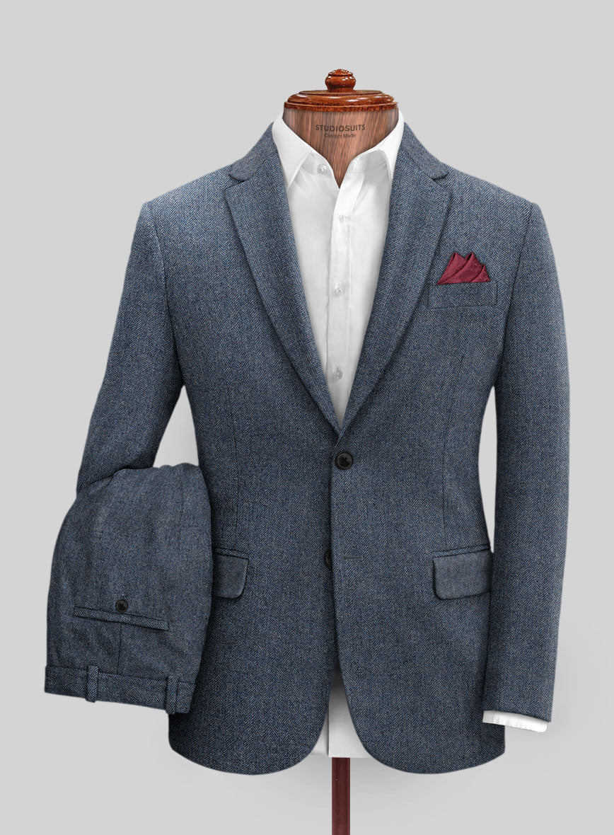 Vintage Herringbone Blue Tweed Suit - StudioSuits