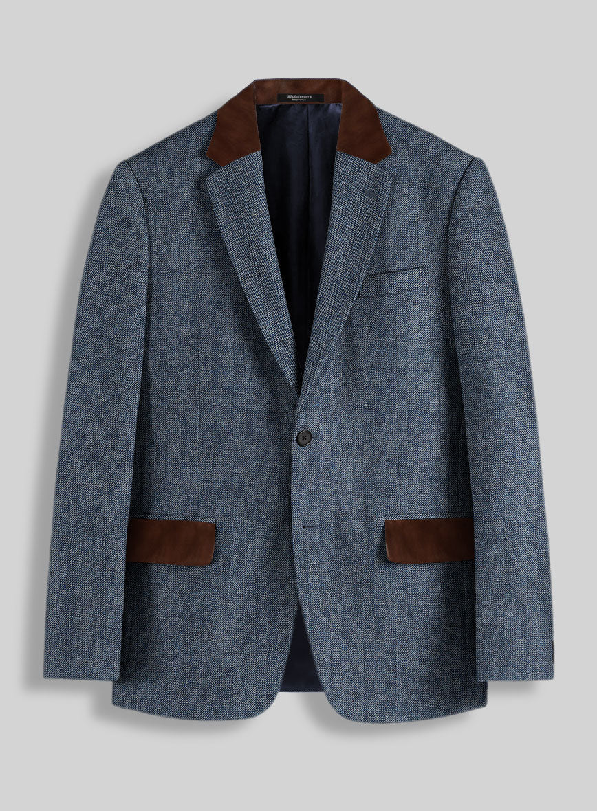 Vintage Herringbone Blue Tweed Jacket - Leather Trims - StudioSuits