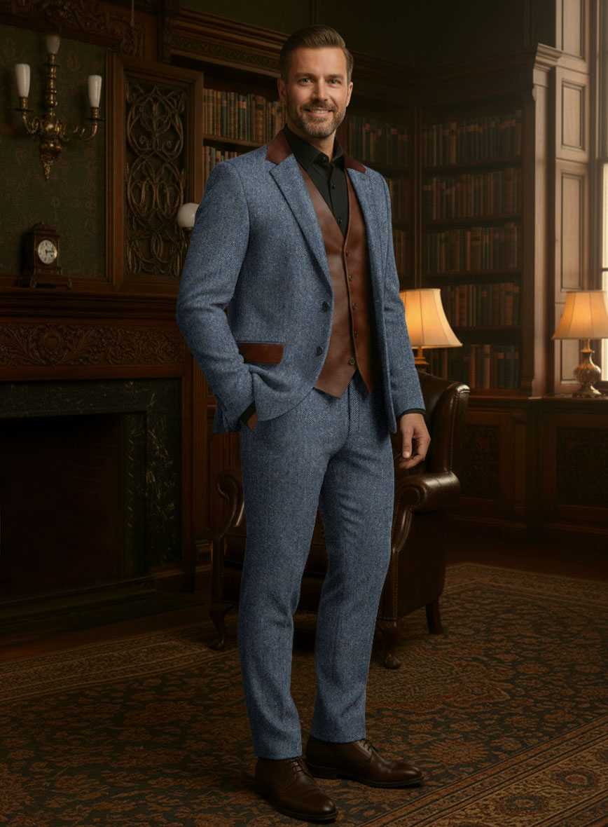 Vintage Herringbone Blue Tweed Suit - Leather Trims - StudioSuits