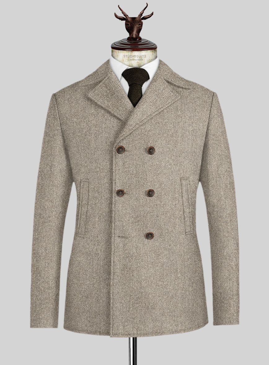 Vintage Herringbone Brown Tweed Pea Coat - StudioSuits